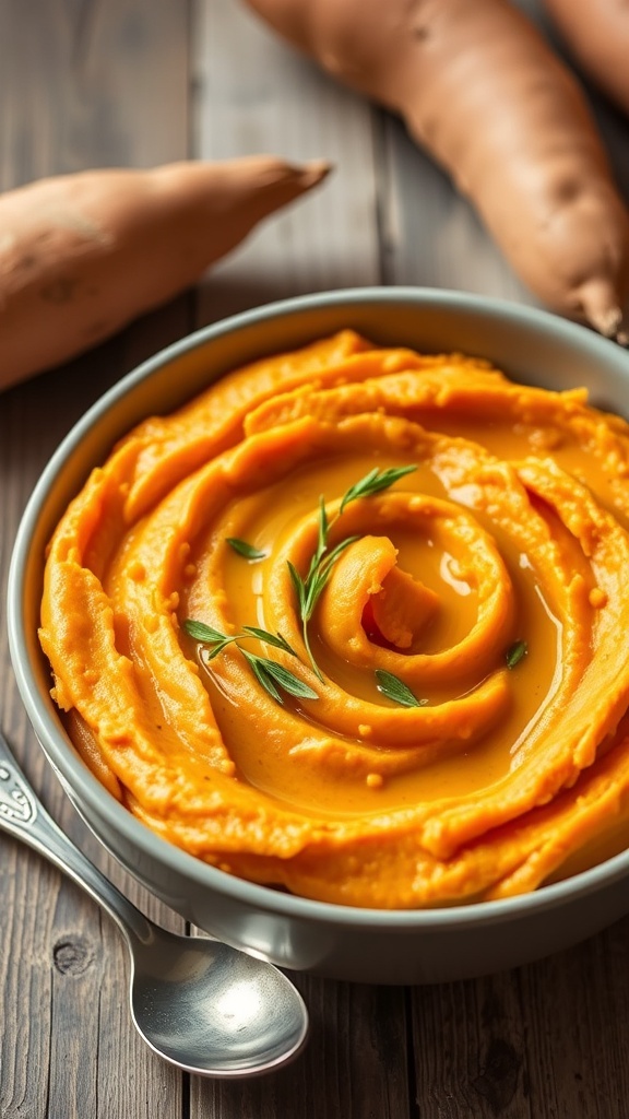 Creamy mashed sweet potatoes in a bowl, garnished with herbs, on a rustic table.